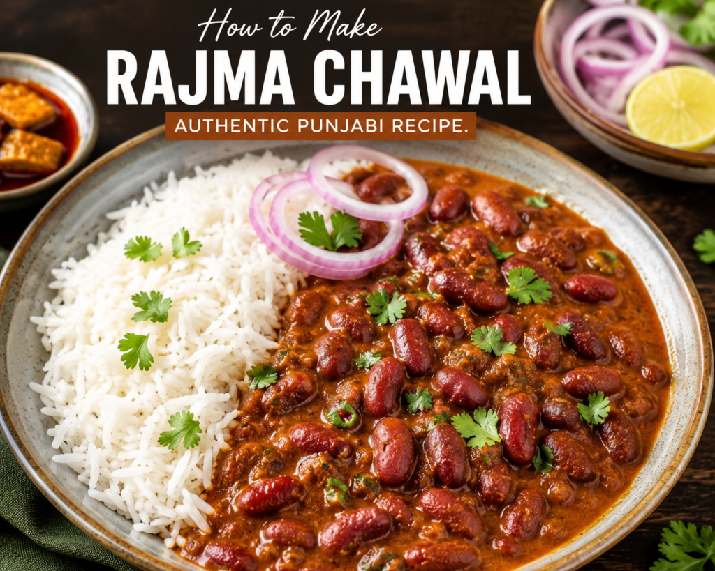 Homemade Rajma Chawal with kidney bean curry served over steamed basmati rice