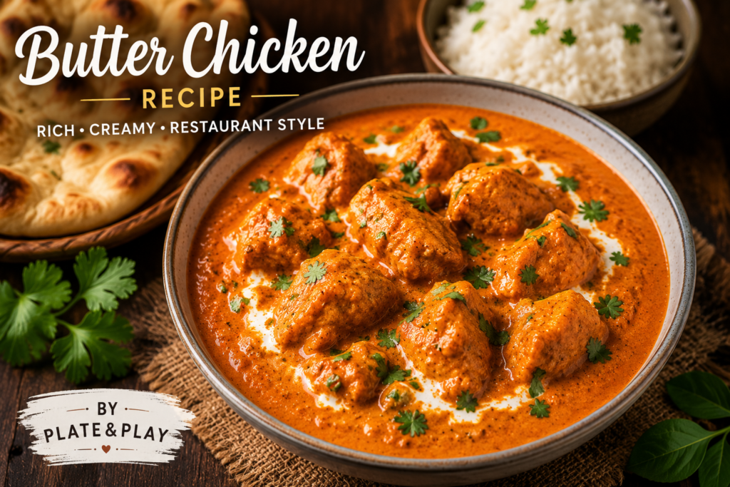 Creamy butter chicken garnished with fresh cream and coriander