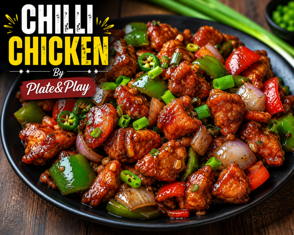 Spicy chilli chicken with bell peppers, onions, and spring onions