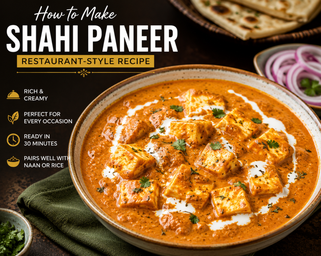 Creamy Shahi Paneer garnished with fresh cream, coriander, and nuts