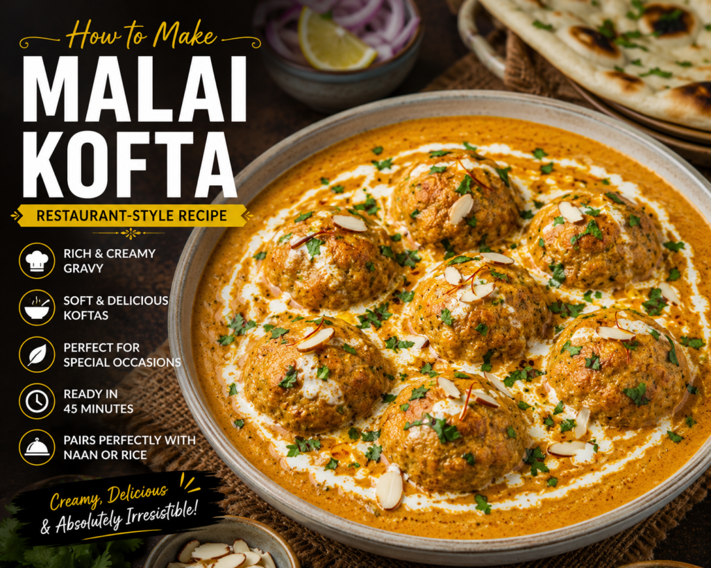Creamy Malai Kofta served in rich tomato gravy and garnished with fresh cream
