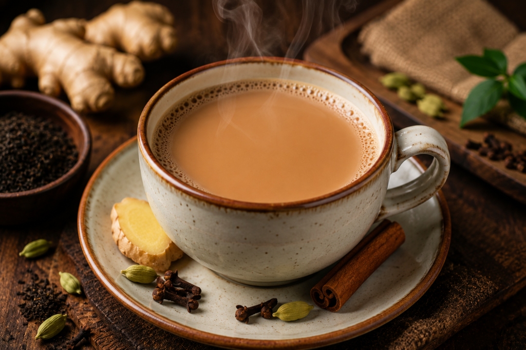 Hot Indian masala chai served in a cup with whole spices