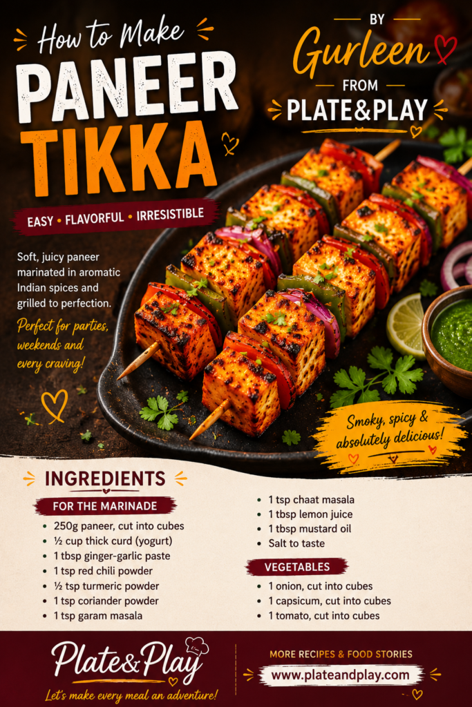 Grilled paneer tikka skewers with bell peppers, onions, and mint chutney