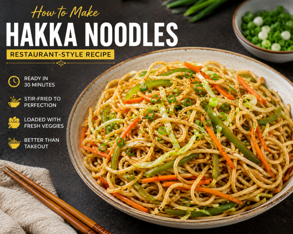 Veg Hakka noodles tossed with fresh vegetables and flavorful sauces