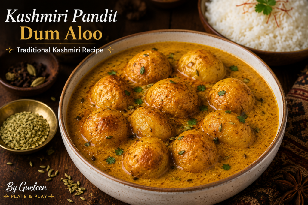 Kashmiri Dum Aloo cooked in rich spiced yogurt gravy and garnished with coriander