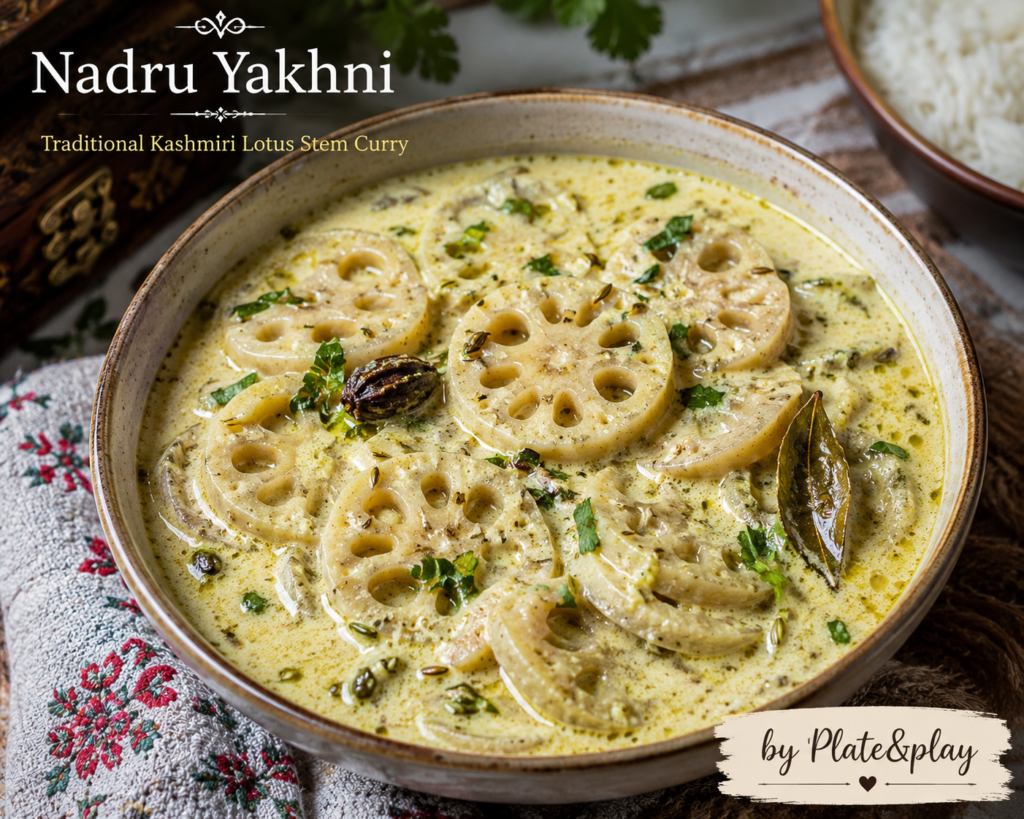 Authentic Kashmiri Nadru Yakhni made with lotus stem in creamy yogurt gravy