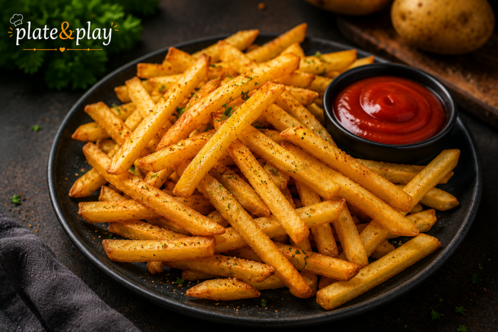 Crispy golden French fries served with ketchup and fresh herbs
