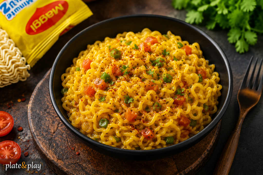 Delicious spicy vegetable Maggi noodles served hot with fresh herbs